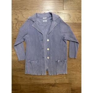 Fenini Cardigan Set Women 1X Blue Cotton Ribbed Lagenlook Pockets Two Piece Top